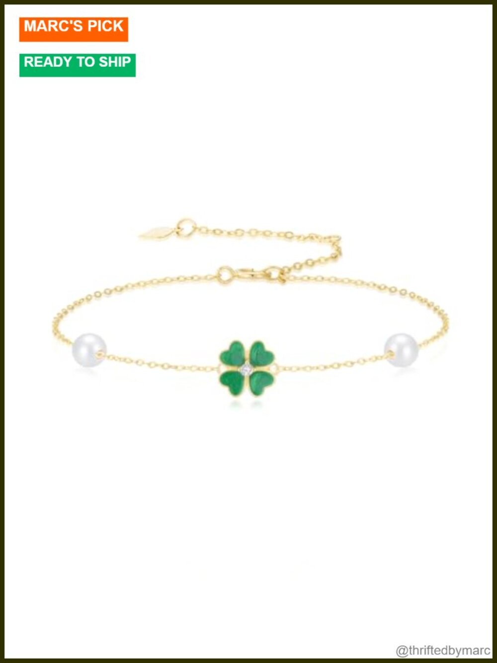 14k Solid Gold Four Leaf Clover Bracelet with Freshwater Pearl
